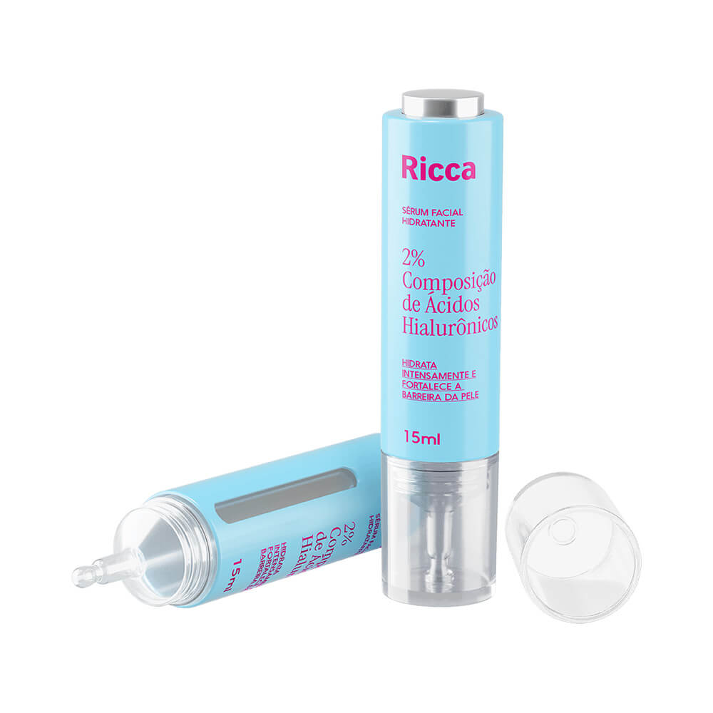 Dois frascos do Sérum Facial Ricca Ácido Hialurônico 15ml em fundo branco, destacando aplicador e embalagem azul clara